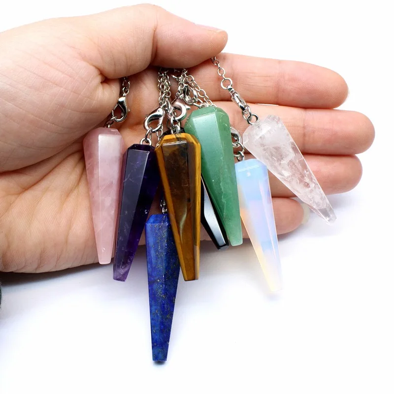 Natural Stone Crystal Pendulums Hexagonal 7 Chakra Pendant Pendulum for Dowsing Healing Triple Goddess Witch Pendulos X008