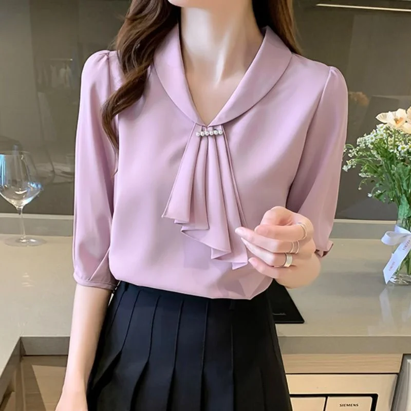 

Women's Clothing Chic V-Neck Spliced Fashion Chiffon Shirt Summer New Commute Office Lady Korean Beading Solid Color Blouses