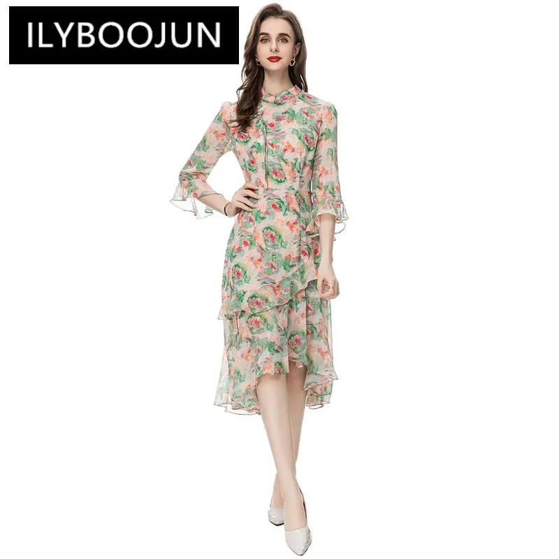 

ILYBOOJUN Fashion Designer Summer Dress Women Three Quarter sleeve Ruffled Flowers Print Elegant vacation Party Dress