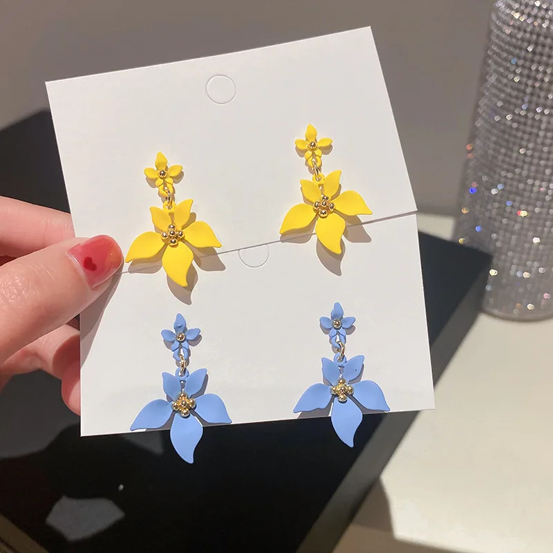 Kiss Jewelry Blue Camellia Flower Petal Dangle Earrings for Women Korean Fashion Floral Temperament Drop Earring Jewelry Gift