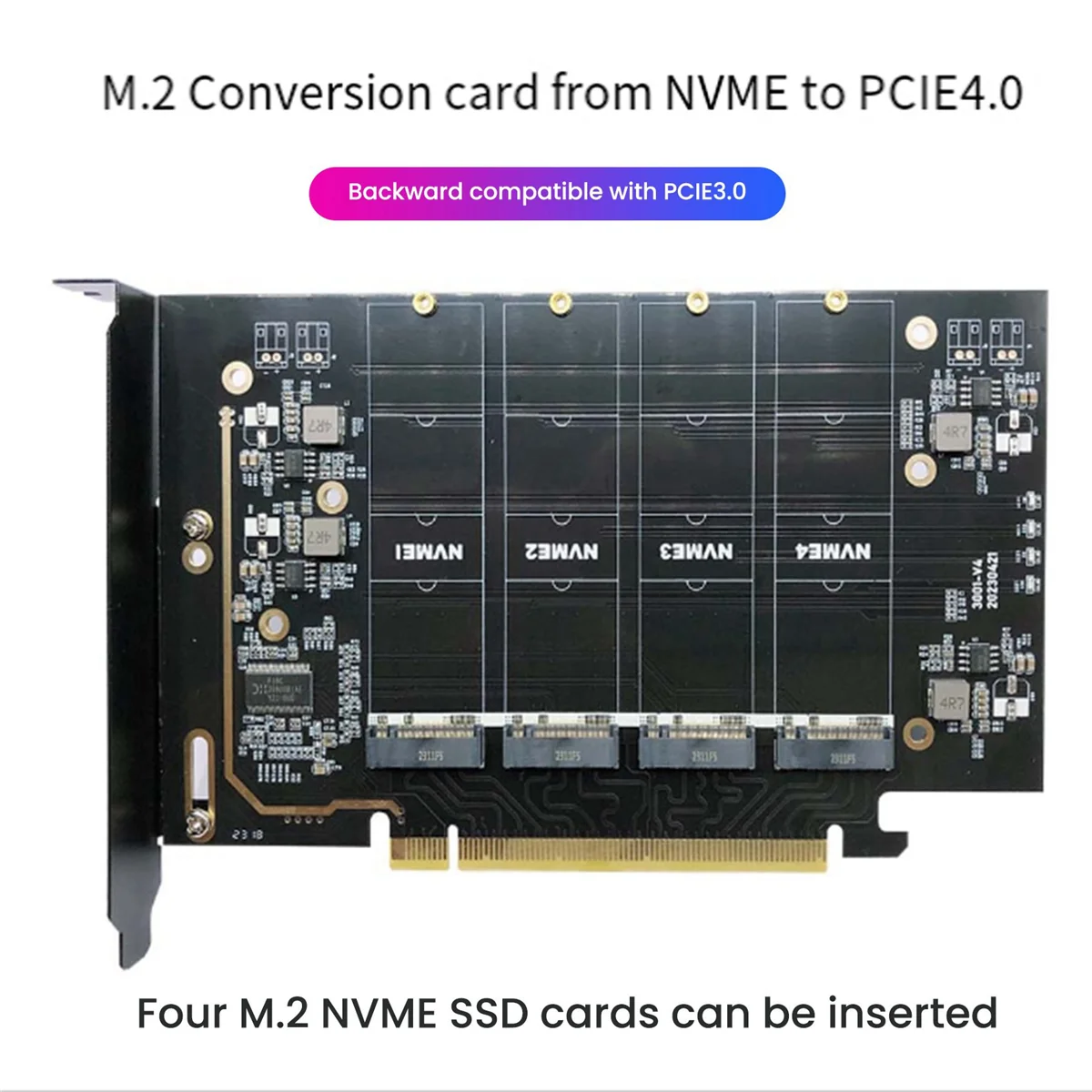 M.2 NVME to PCIe 4.0 X16 Adapter Card, Supports 4 NVMe M.2 2280, Supports Bifurcation Raid