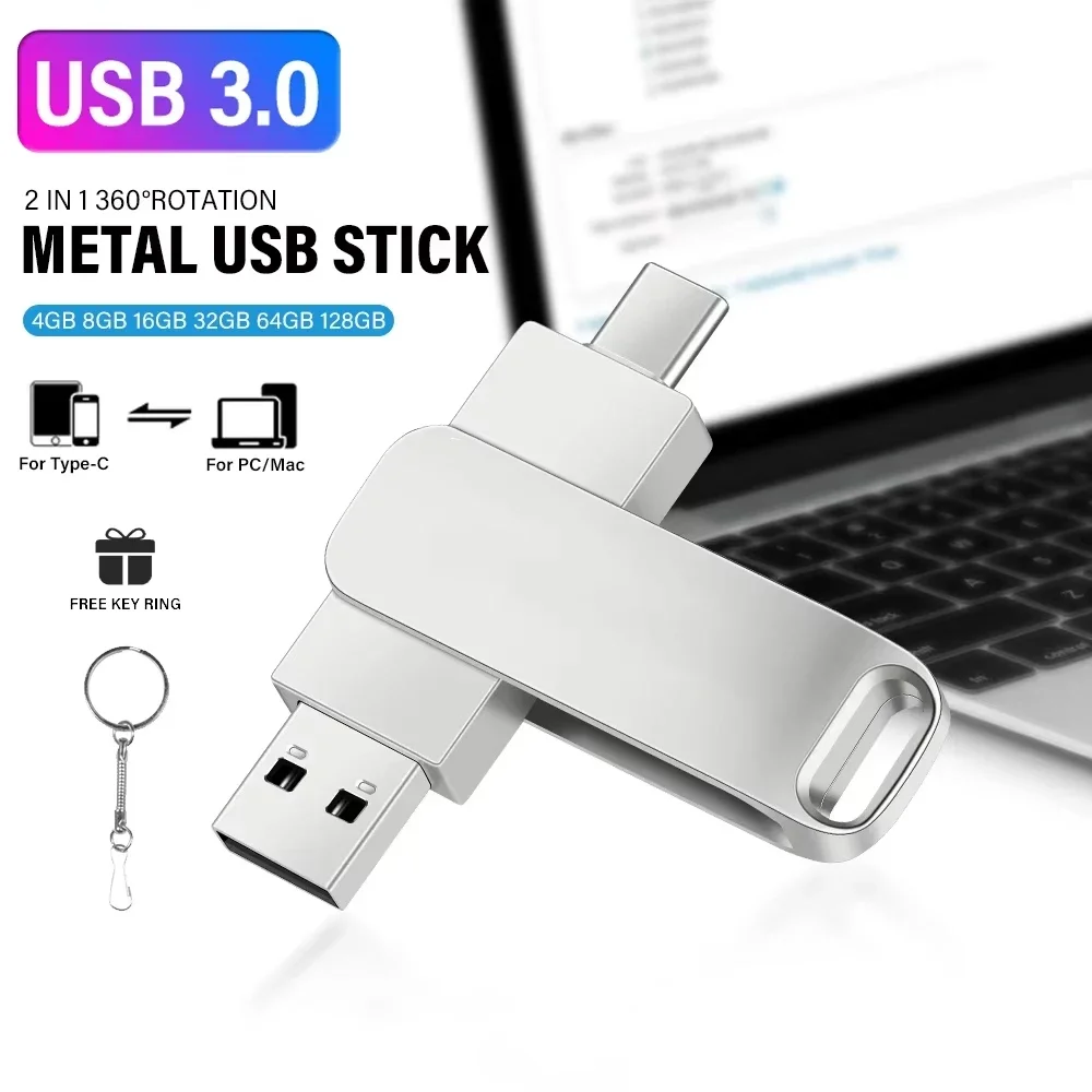 

TYPE-C 2 в 1 высокоскоростной флэш-накопитель USB 3.0, 128 ГБ, вращающийся флешка, бесплатный брелок, карта памяти, бизнес-подарок, U-диск