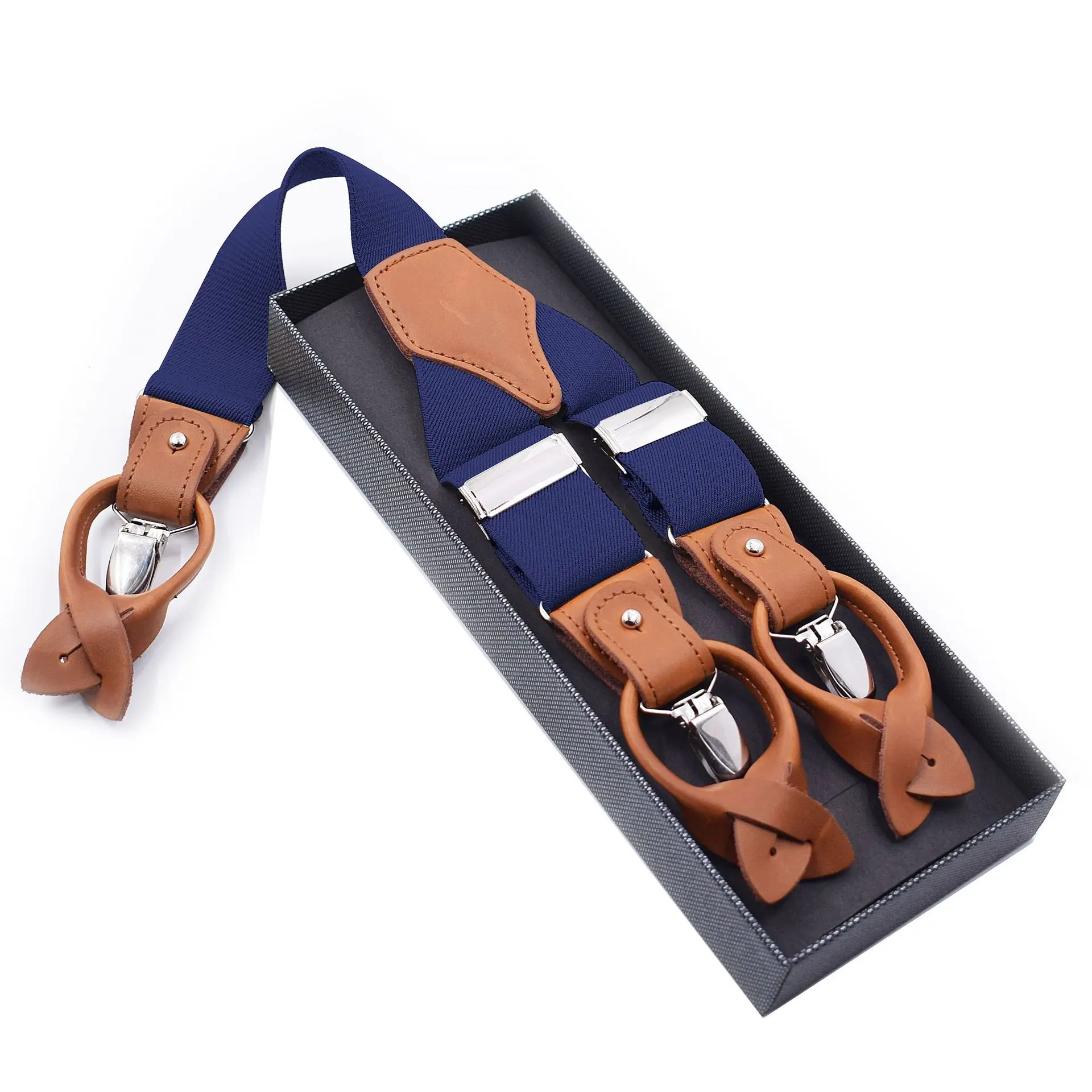 3.5cm Elastic and Stretchable 6-clip Adult Male Office Worker Shoulder Strap Clip Dual-purpose Brown Leather Adjustable Hanging