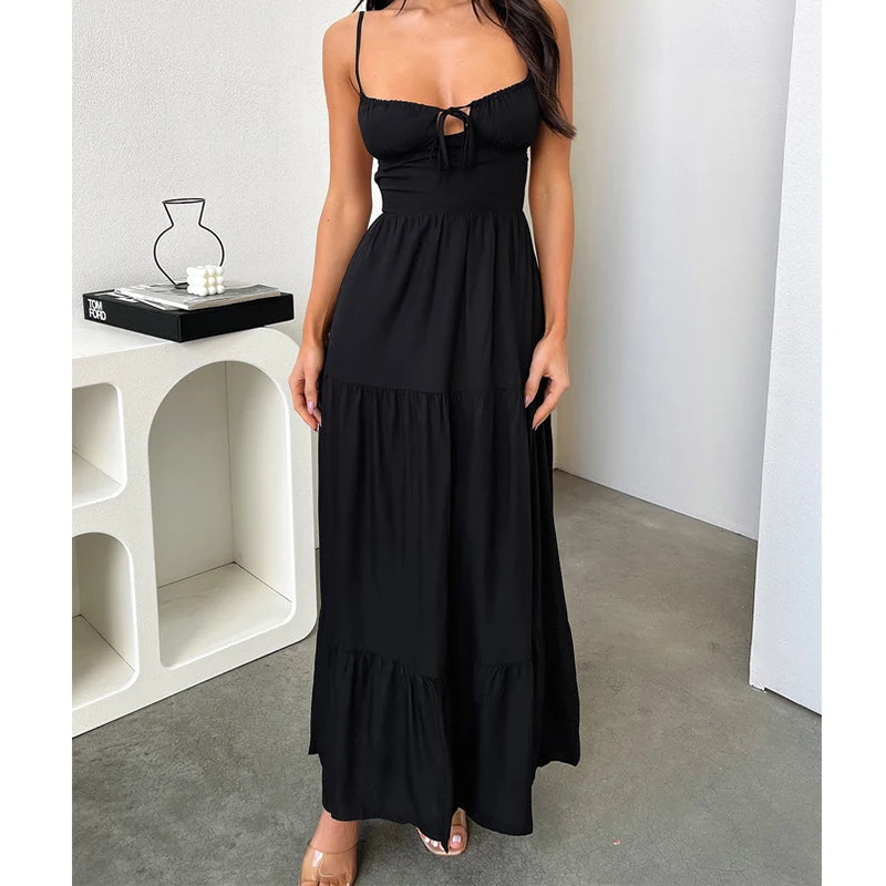 Robe longue à bretelles spaghetti pour femmes, coupe basse, décontracté, dos nu, fluide, maxi, vêtements de vacances, batterie, été, sexy, y2k