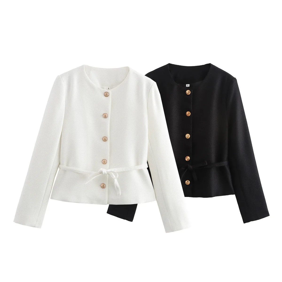 Ronde hals veterjas voor dames Amerikaanse lente herfst woon-werkverkeer blazer mode high street effen kleur textuur jas