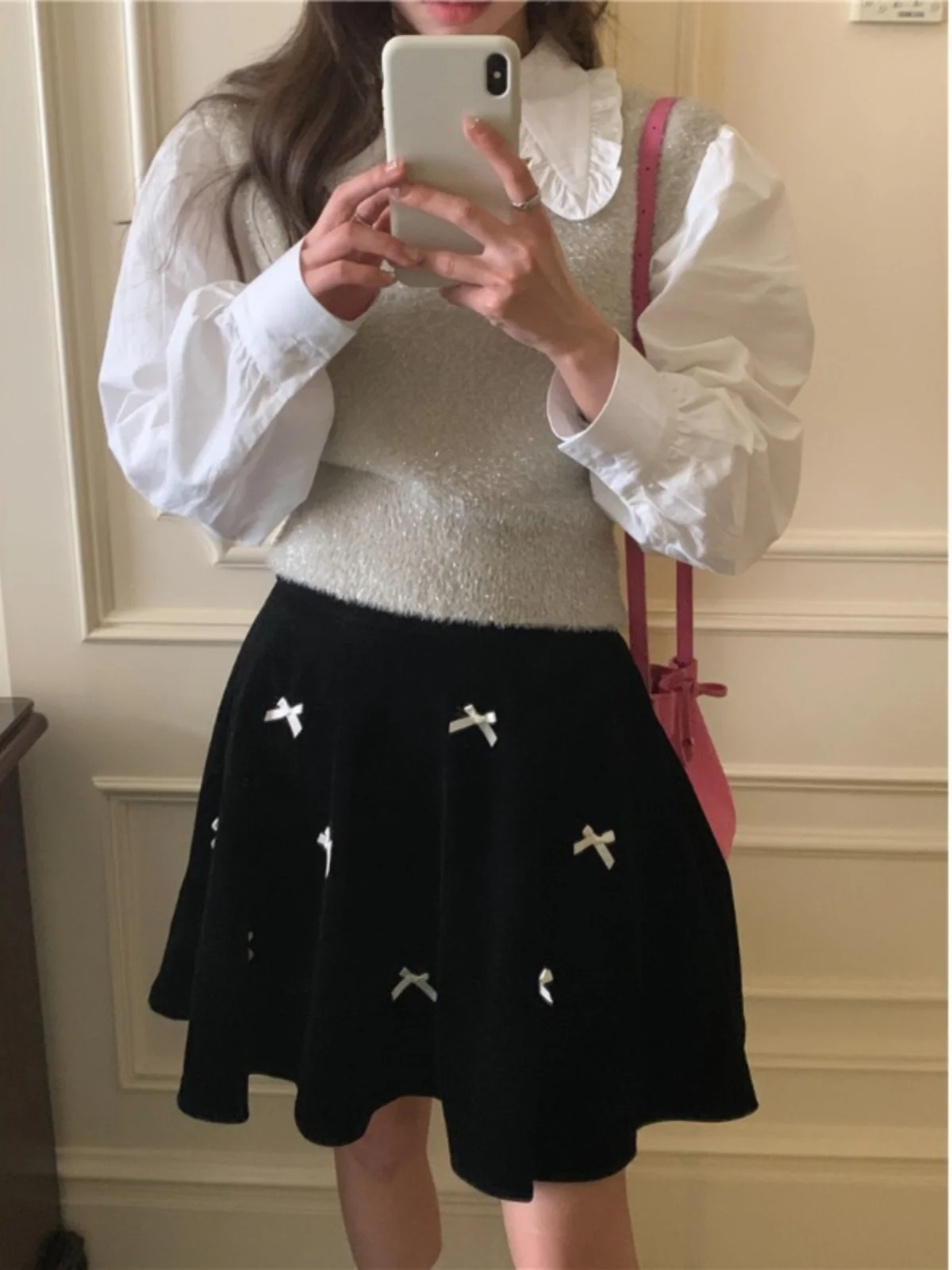 

Милый деревянный воротник, жилет + юбка-зонтик, комплект из футболки, осенний новый женский ансамбль Faion, корейская версия