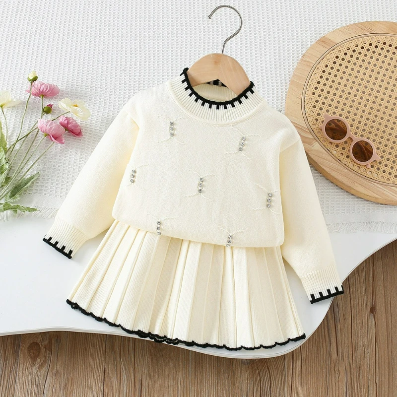 

Детский комплект свитера, осенне-зимний простой модный однотонный вязаный комплект из бисера, стильный пуловер и юбка, комплект из двух предметов