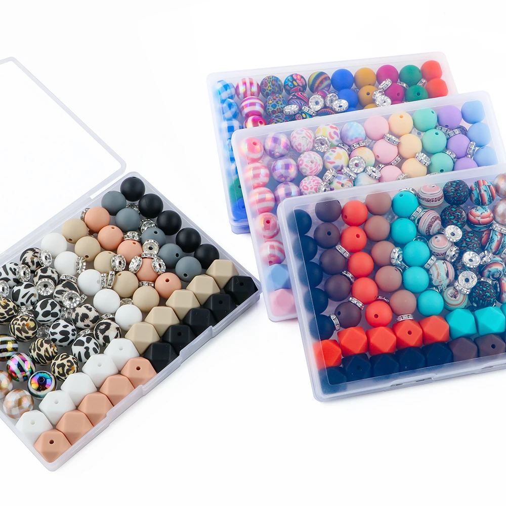Kovict 100Pcs/Box Printed Silicone Beads Round Hexagon Loose Bead For Jewelry Making DIY Necklace Bracelet Keychain Accessories