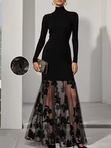 Elegant Long Sleeve Bodycon Dress with Sheer Tulle Overlay for Evening Party