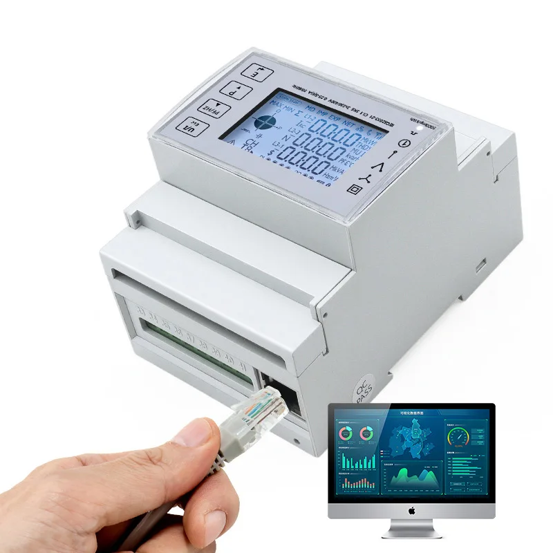 Medidor de Consumo de Energía Bidireccional Trifásico para Riel DIN, Pantalla LCD Retroiluminada, Ethernet TCP, con Transformador de Corriente 100/150/200A TAC4371CT