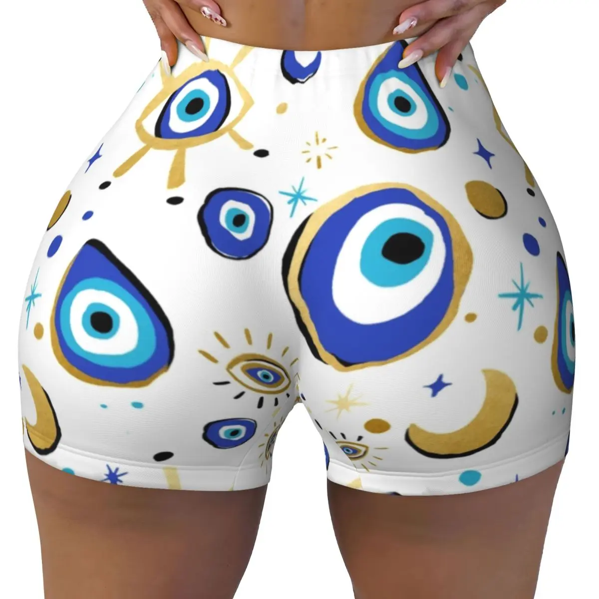 Custom Mediterranean Blue And Gold Evil Eye Volleyball Biker Workout Shorts Hamsa Nazar Amulet Boho Gym Athletic Yoga Shorts