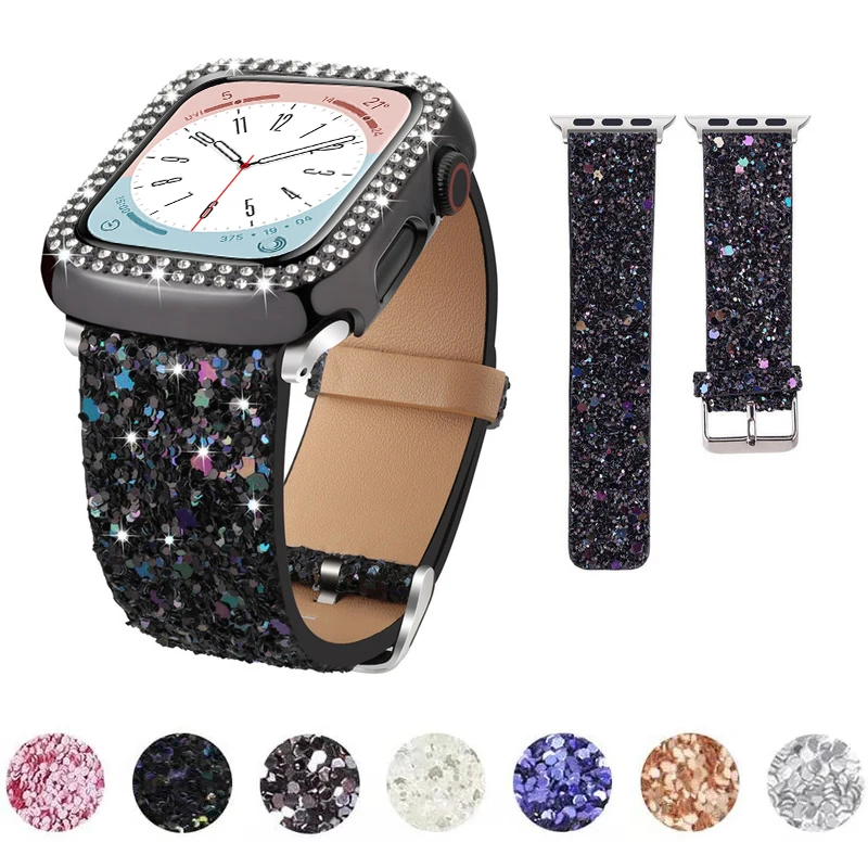 

Women Glitter Leather Band for Apple Watch ultra 41mm 38mm 40/49mm 42mm correa 44mm 45mm Shiny Strap IWatch Series 8 7 6 5 4 SE