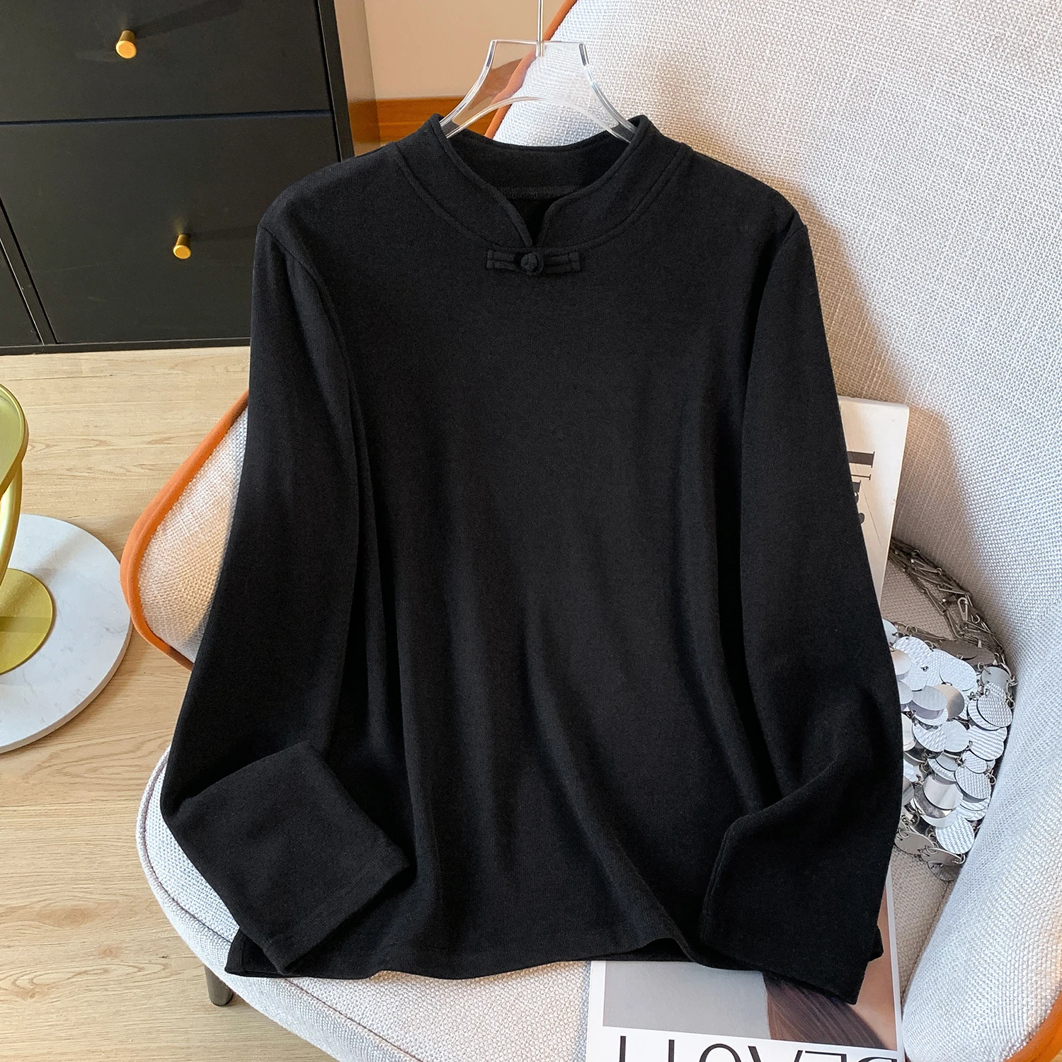 Ele Chinese Sle Long Sve T-irt レディース ベース irt QiPao トップ 韓国版 ルーズフィット カラー デルボ生地