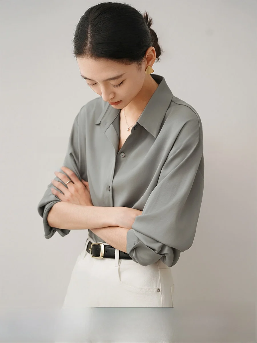 

Achu Commuter Sle ey Satin Women's irt Office Work Commute Profional Outfit Loose Fit Long Sve Classic Collar