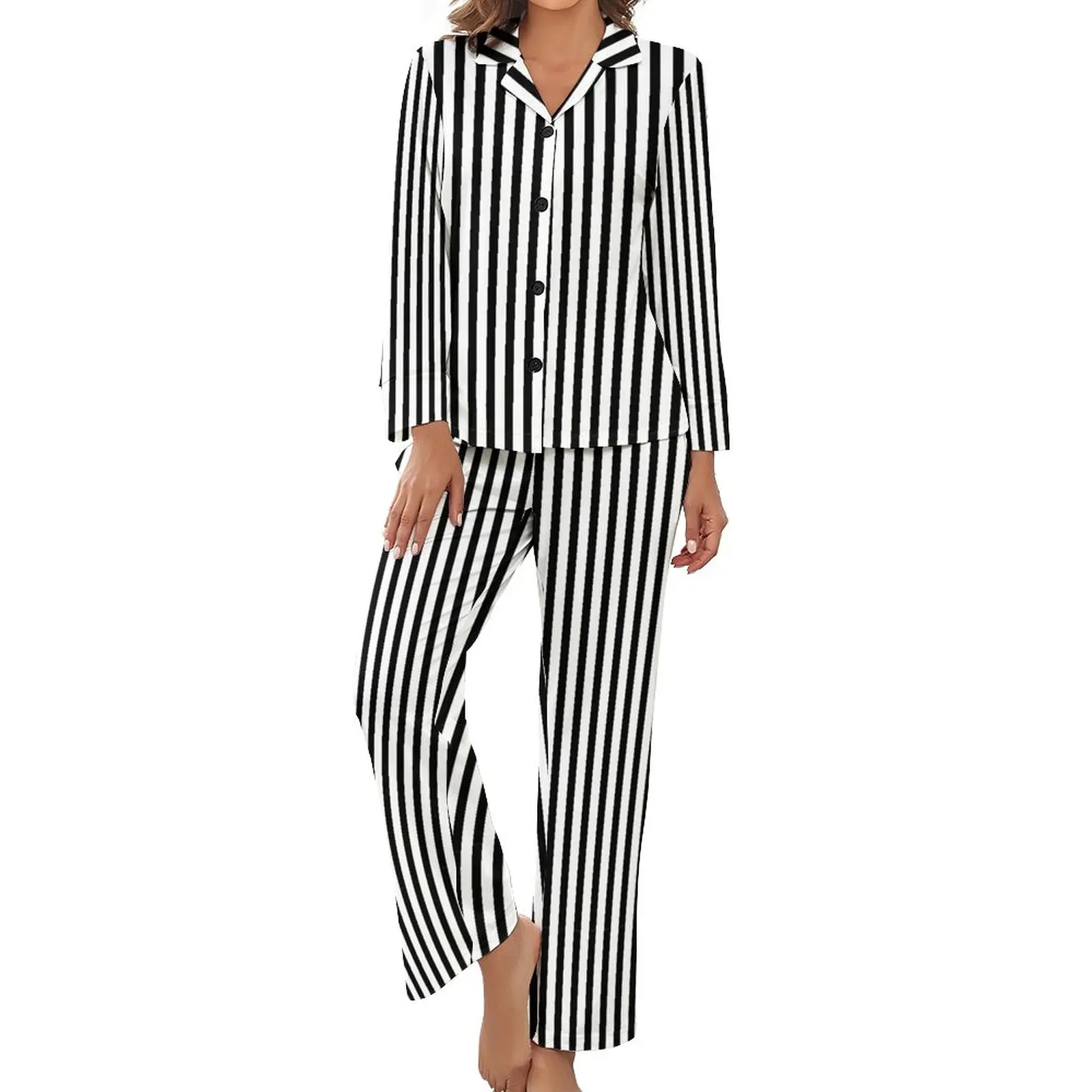 Classic Striped Pajamas Woman Black And White Kawaii Home Suit Autumn Long Sleeve 2 Piece Night V Neck Graphic Pajama Sets