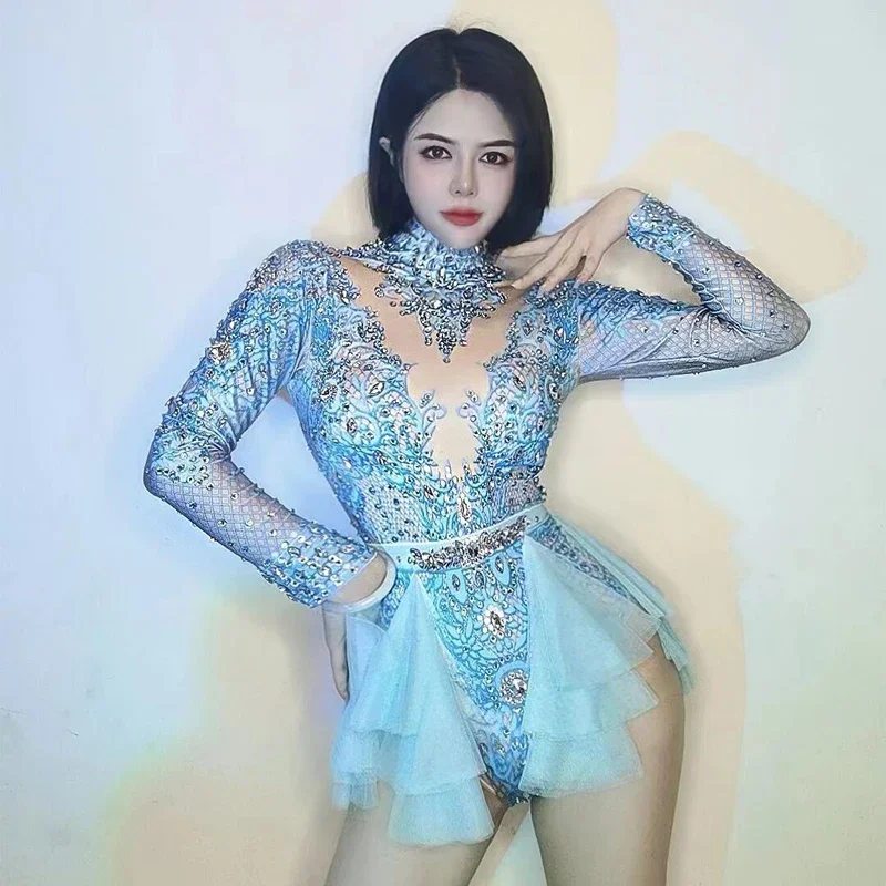 Body de encaje con diamantes de imitación brillantes para mujer, traje de baile en barra de manga larga, traje de Gogo, traje de baile de Jazz, ropa puesta en escena