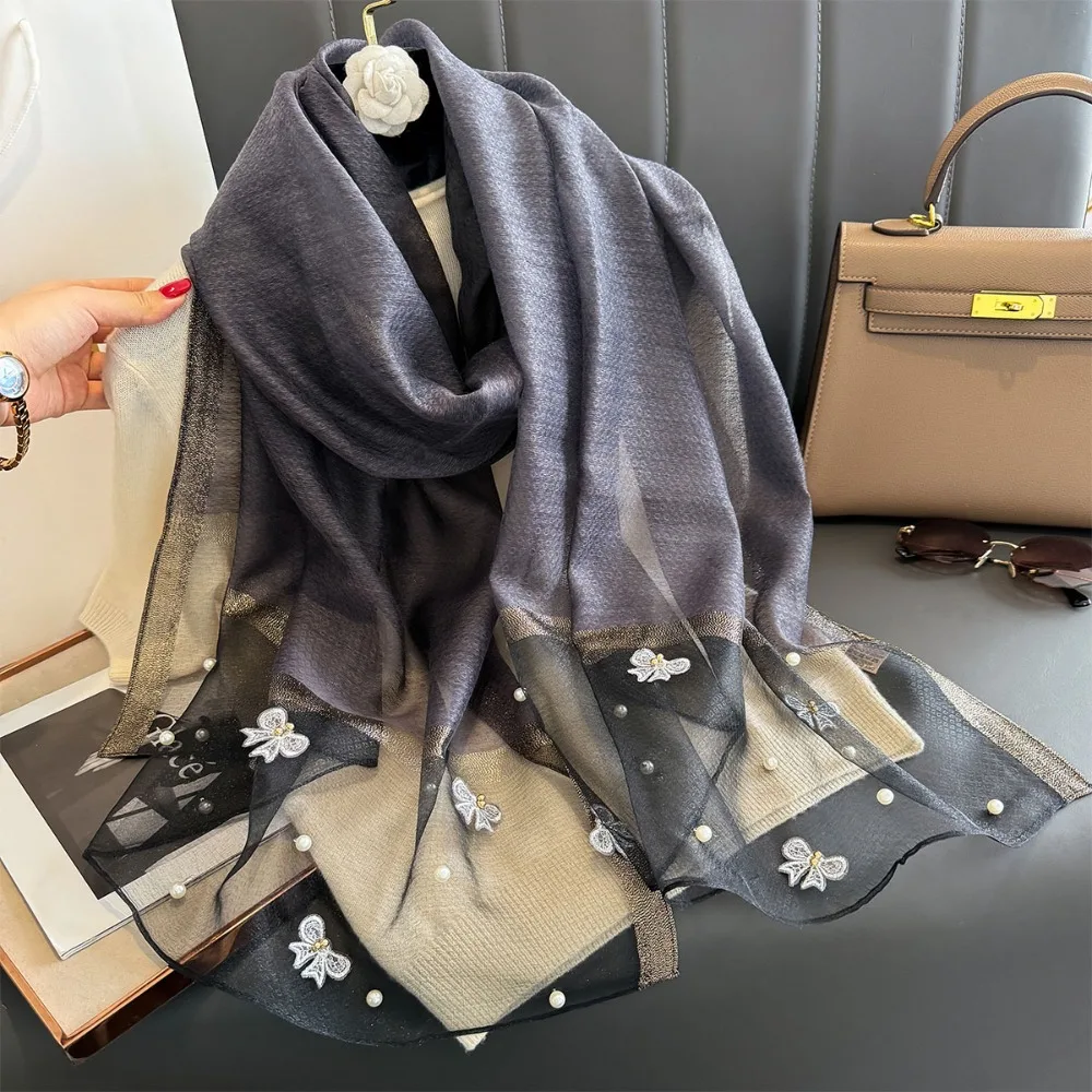 

Головной платок, корейский тонкий шелковый шарф, элегантный роскошный женский хиджаб, шали с бантом, однотонный шарф с вышивкой, осень