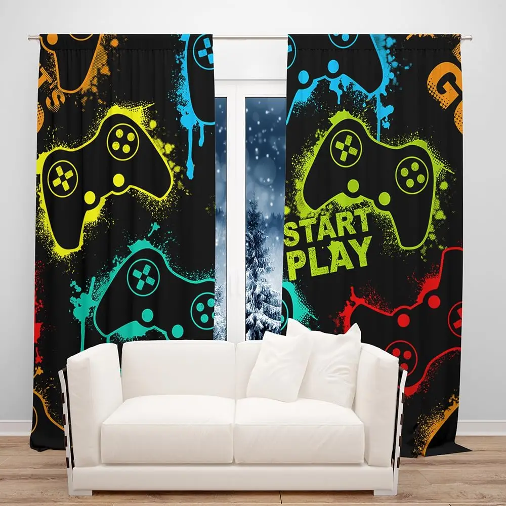 Neon Gamepad Game Window Curtains Start Play Teen Boys Modern Gaming Video GameRoom Bedroom Living Room Decorations Home Window