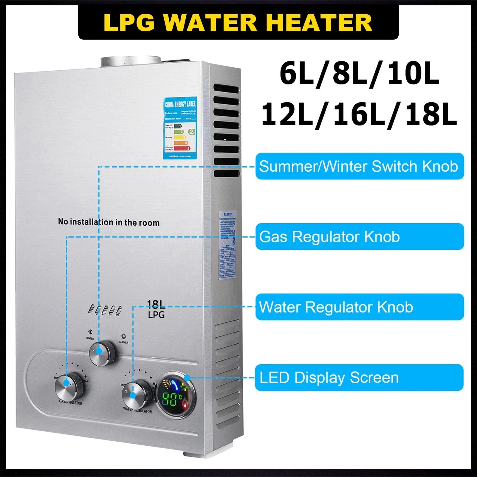 6L/8L/10L/12L/16L/18L LPG Water Heater Propane Gas Tankless Stainless Instant Boiler 36KW Liquefied Petroleum Gas Water Heater