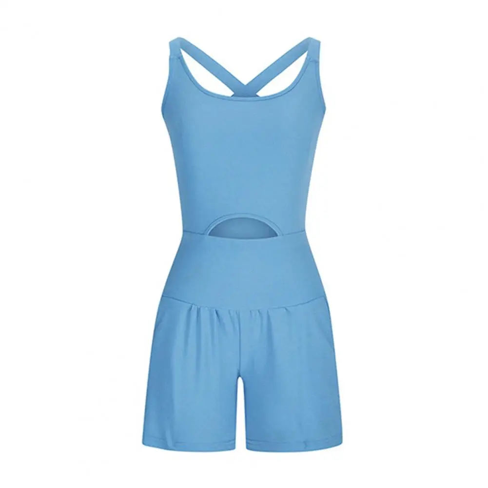 Solid Color Rompers Elasticated Waist Rompers Stylish Women's Sleeveless Yoga Rompers with Cross Back Design Quick for Jogging