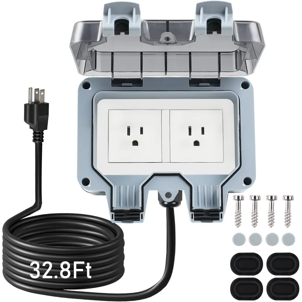 

Outdoor Power Outlet Box with 32.8Ft Extension Cord, NEMA 5-15R, STW 14 AWG, Weatherproof Waterproof IP66 Electrical Outlet