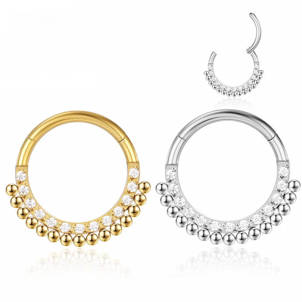 F136 Titanium Nose Piercing Hinged Bead Hoops CZ Stone Rings