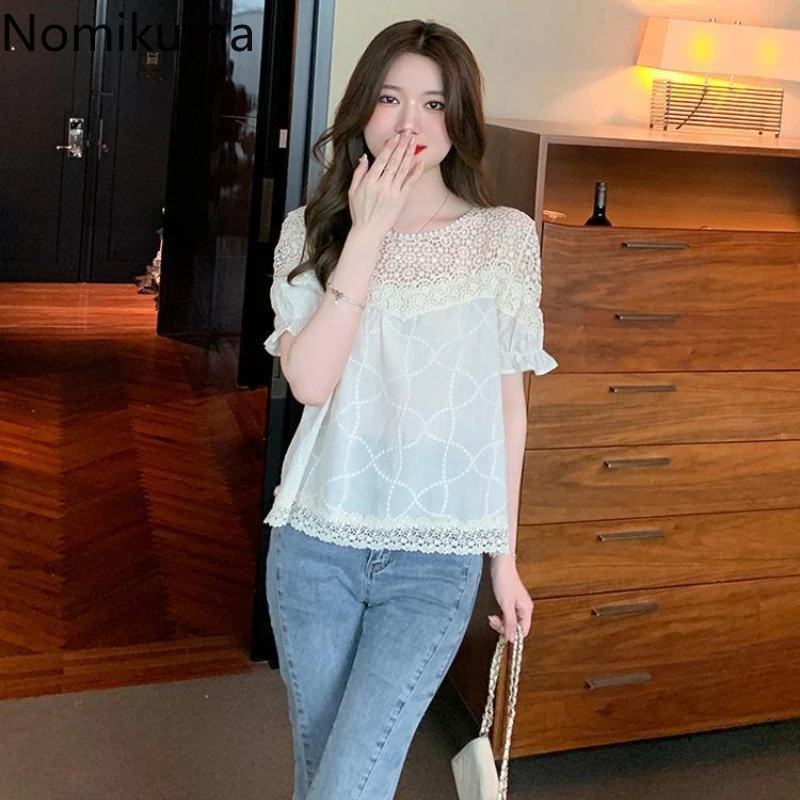 Summer Women Blouse Oversized Tops 2024 Blusas Mujer De Moda Patchwork Lace Short Sleeve Shirts Hollow Out Loose Vintage Blouses