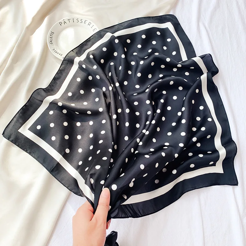 Silk Scarf Polka Dot Satin Chiffon Square Scarf Female Imitation Silk Solid Color Printing Professional Scarf