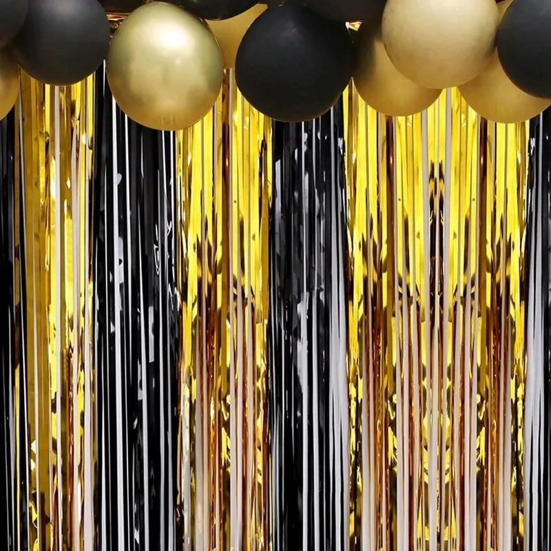 Black Gold Birthday Party Decorations Backdrop Curtains Glitter Tinsel Fringe Foil Curtain Background Wedding Adult Anniversary