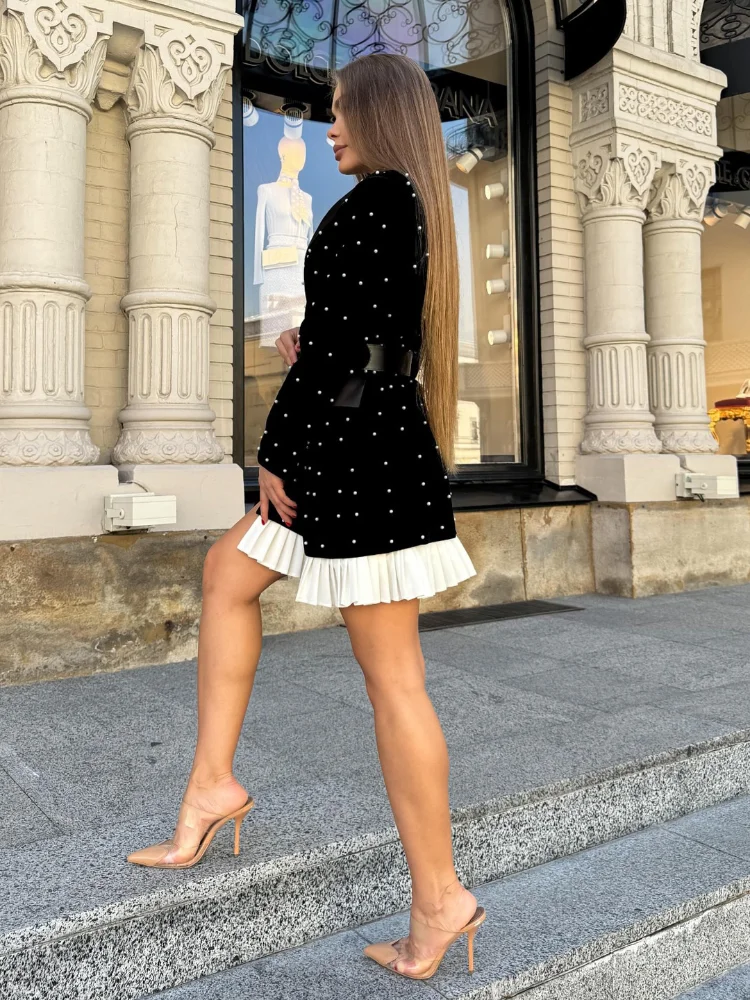 

Elegant Patchwork Slim Women Blazer Dress Lapel Long Sleeve Pearl Rivet Removable Pleated Dress New Early Autumn Lady Partywear