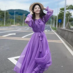 Chiffon Lace up Purple Dress 2024 Summer New Women's Long sleeved Fashion Beach Resort Fairy Dresses Female Vestidos