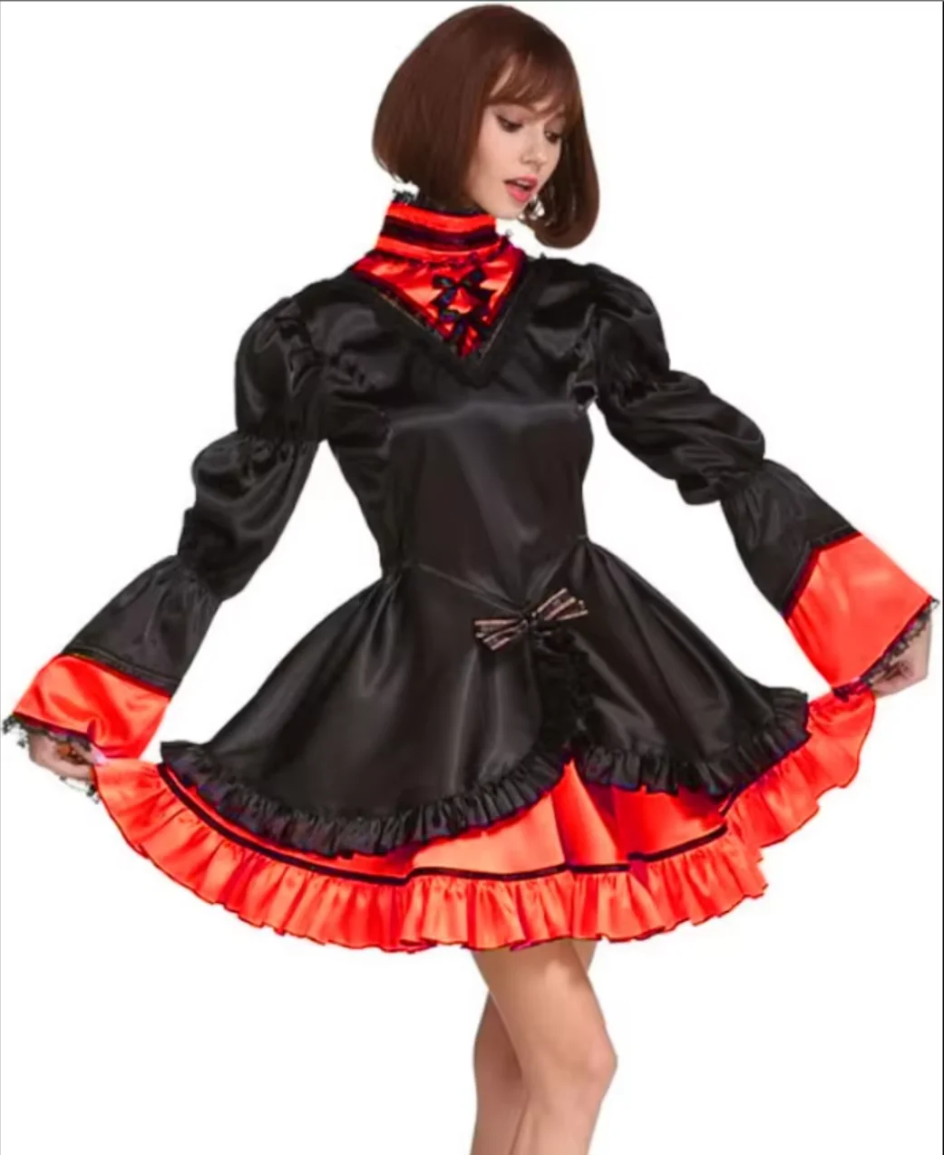

French Sexy Adult Customized Fetishist Crossdressing Sissy Black Blue Spliced Smooth Section Flare Sleeve Lace Cuff Dress