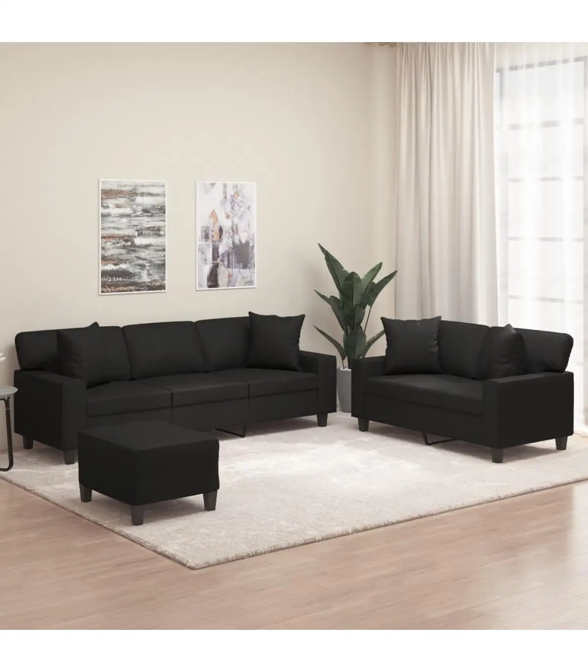 Sofas set with cushions 3 pieces black synthetic leather