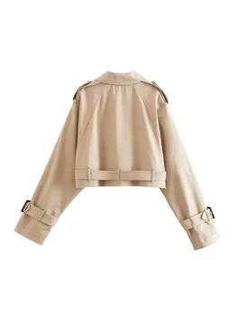 2024 Belt Cropped Trench Spring Jacket Women Vintage Streetwear Double Breasted Long Sleeve Top Female Coat Outfits 4