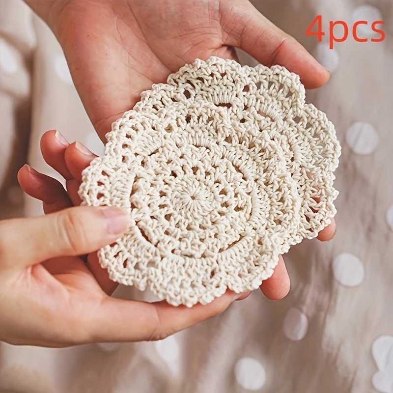 Vintage |   Floral Crochet] 4pcs Vintage Floral Crochet Coasters |   Cottagecore Rustic Decorative Cup Holders for Coffee