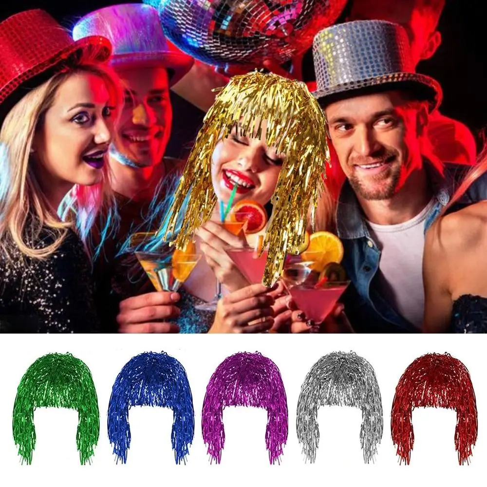 Funny Metal Party Wigs Hair Shiny Costume Plastic Cosplay Dance Hairpiece Aluminum Foil Decor Wigs Hair