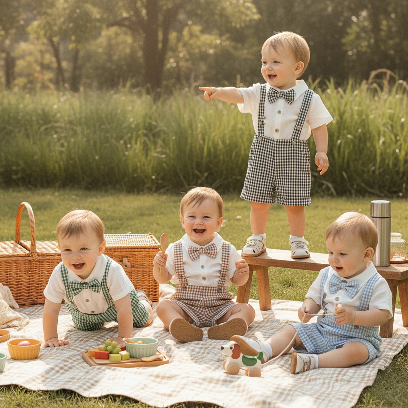 Summer Infant Baby Boys Shorts Set Short Sleeve Bow Tie Romper Plaid Suspender Shorts Outfit Gentleman Clothes