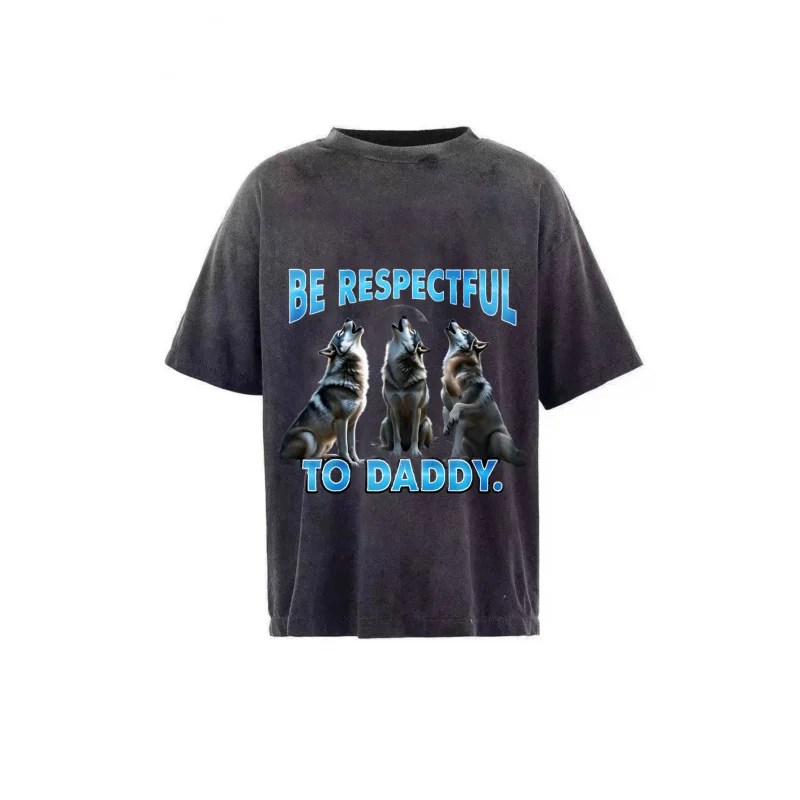 تي شيرت رجالي مغسول ذئاب سوداء عواء يكون احترامًا إلى الأب نمط مطبوع ونص جودة عالية 100% قطن 230 جرام #2