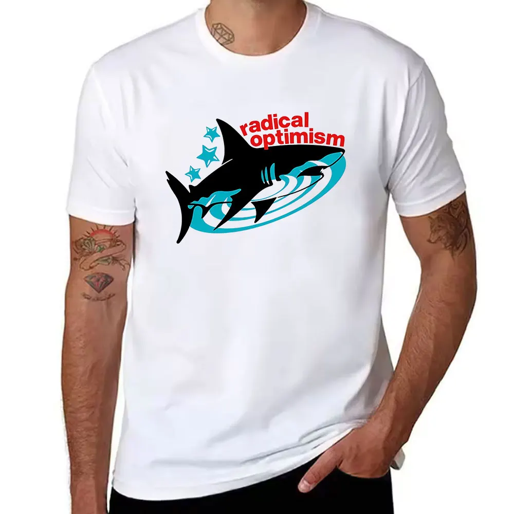 Men's Cotton Short Sleeve T-Shirt with Radical Optimism Shark Graphic, Casual Summer Tee for Beach, Daily Wear