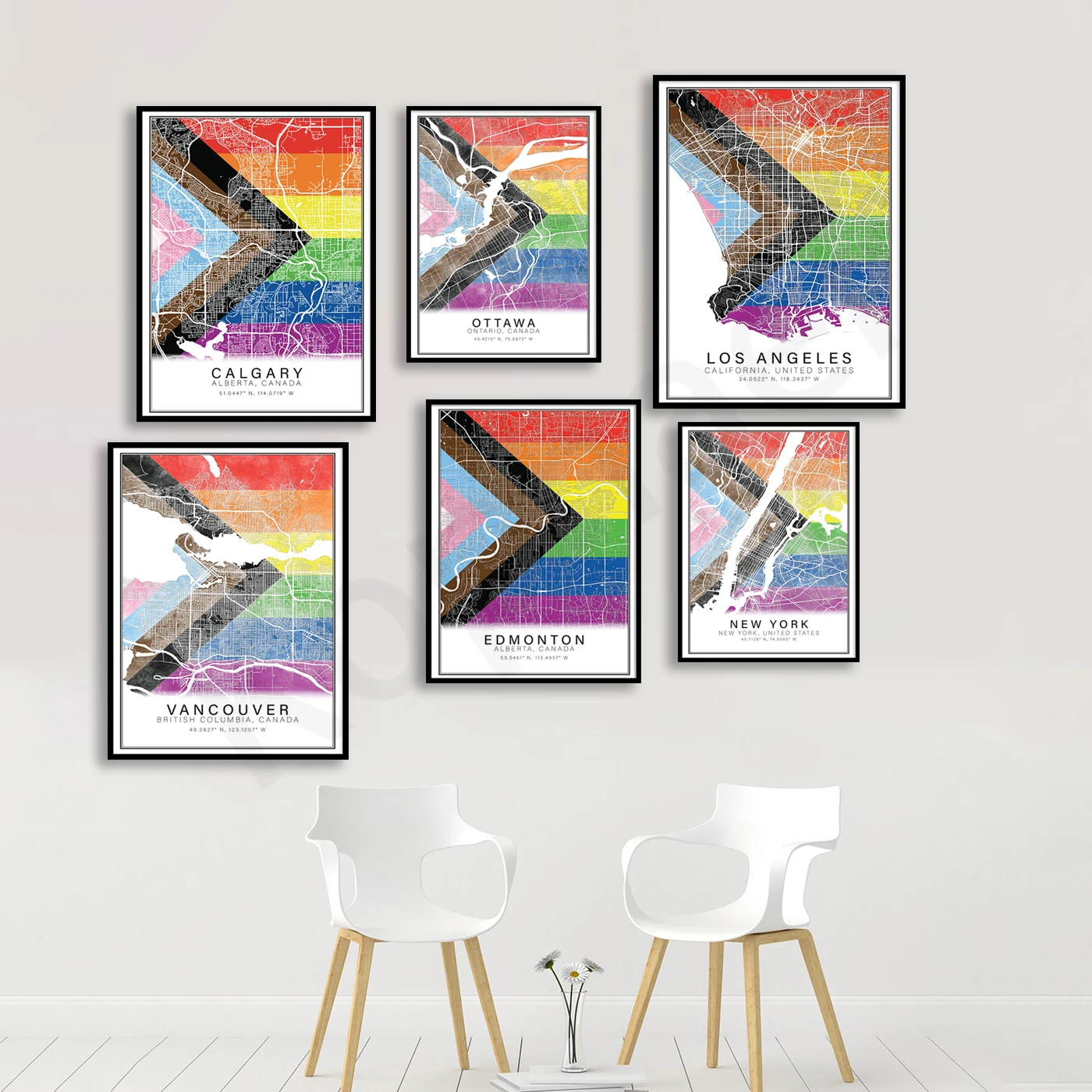 نيويورك إدمونتون فانكوفر أوتاوا لوس أنجلوس كالغاري مونتريال. خريطة ألوان المدينة. ملصق فني لتزيين جدران المنزل