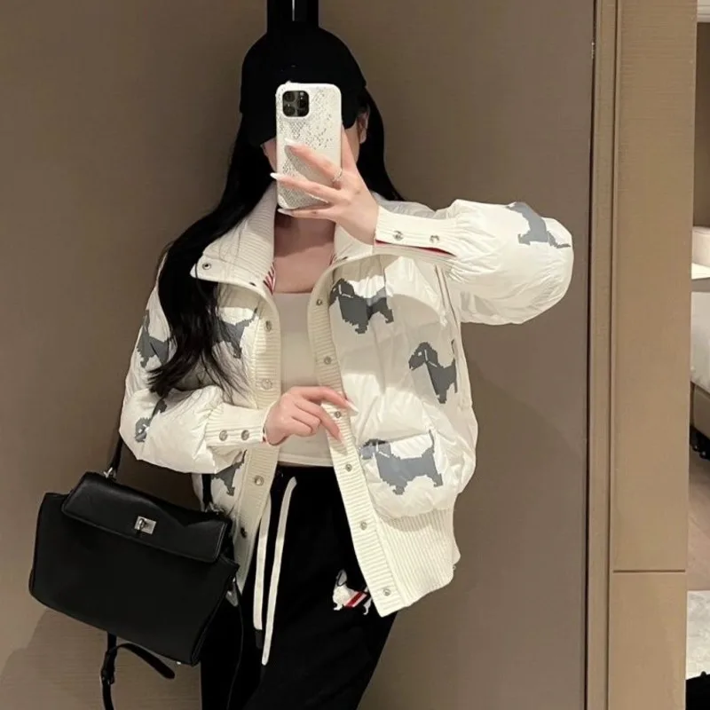 Bonito cão impressão coreano para baixo jaquetas botão high street curto parkas de manga comprida casual casacos de algodão moda para baixo casacos para mulher