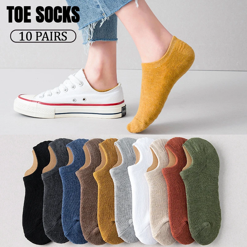 10 Pairs Women's Summer Invisible Socks Cotton Towel-Like Sole Thick Sweat-Absorbent Non-Slip Low-cut Socks Assorted Colors