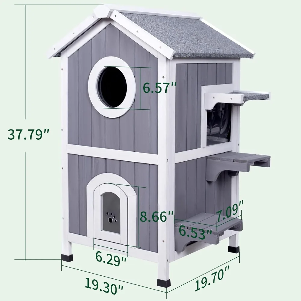 Cat House Outdoor, Weatherproof, Wooden Two-Story Feral Cats Shelter with Openable Roof, Escape Door, Balcony, Cat Bed