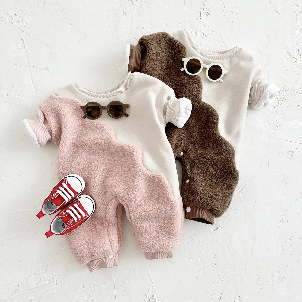 Winter Warm Boys Girls Baby Clothes 0-18Months Infant Toddler Outfit Long Sleeves Romper Color Block Lamb Wool Jumpsuit