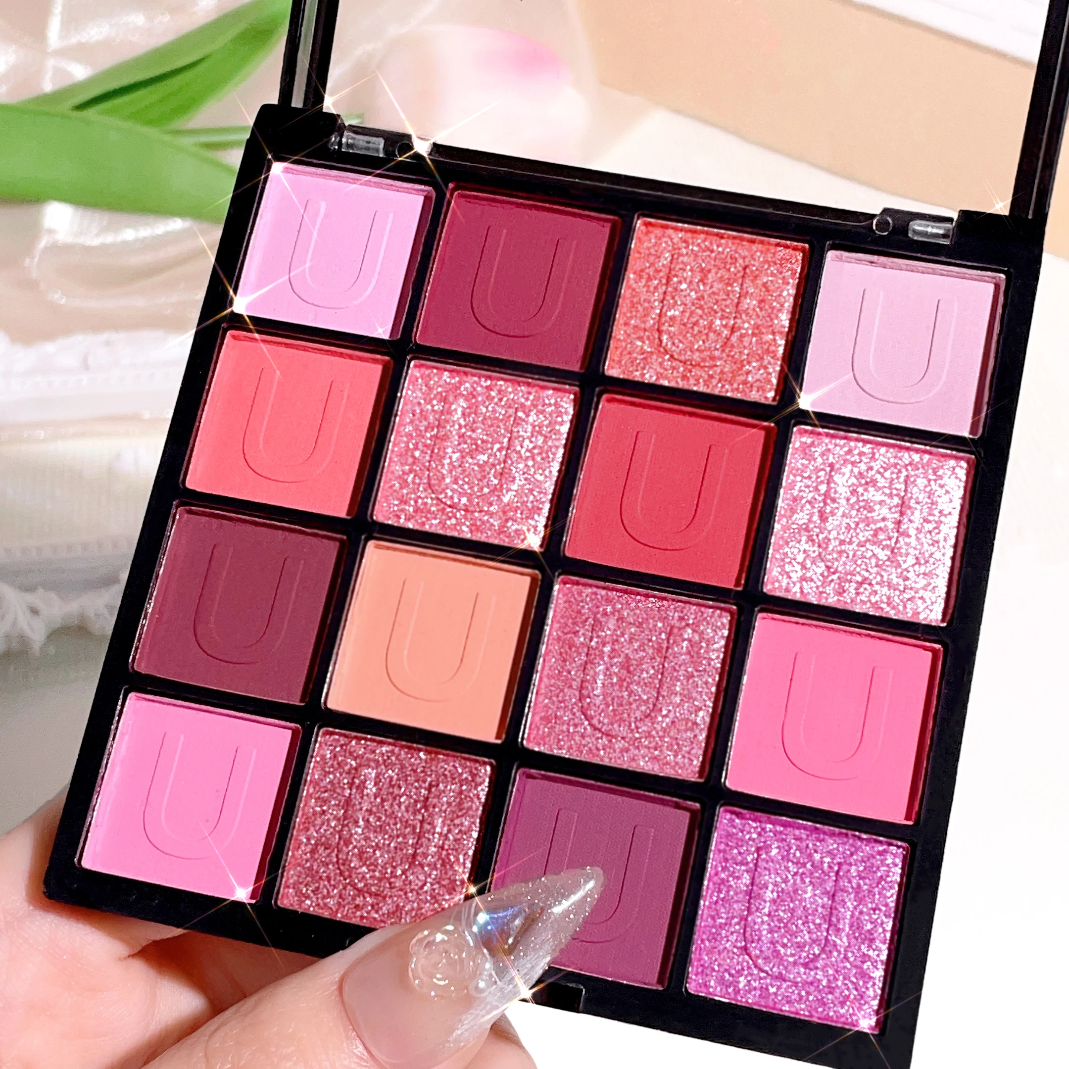 16 grid red eyeshadow tray Purple, glitter pearl matte eyeshadow, Shimmer makeup lasting women, Korean eye cosmetics