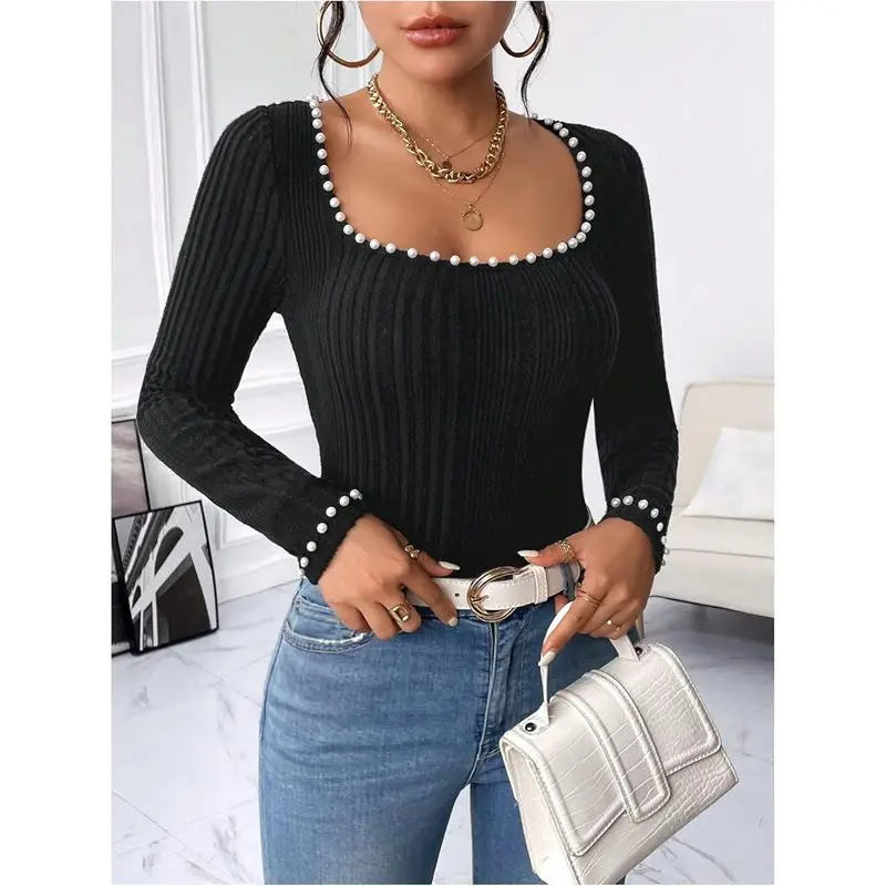 

Women Elegant Sprint Autumn 3D Pearl Decor Square Neck Knitwear T-Shirts Long Sleeve Slim Fit Ribbed Sweater Tops Party Clybwear
