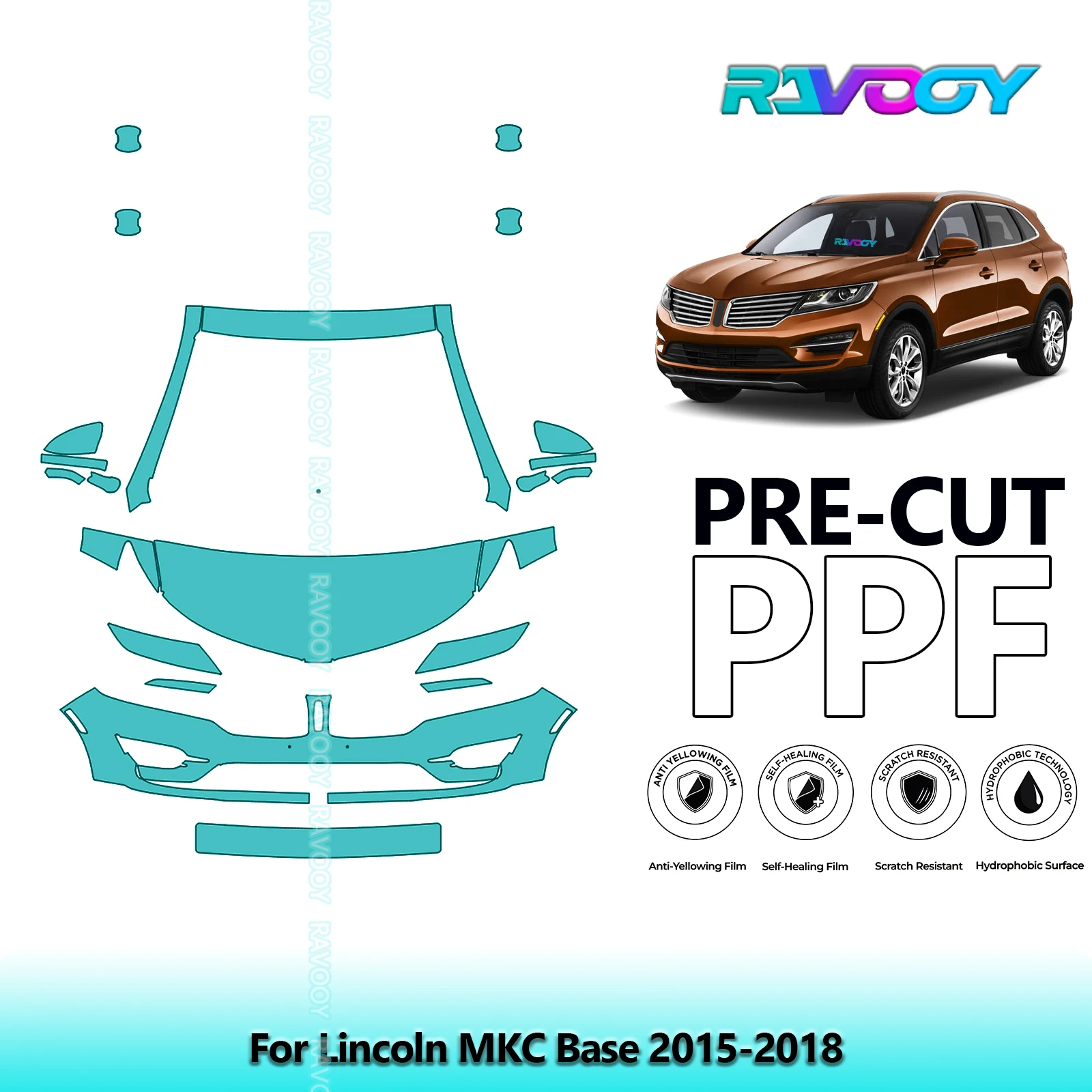 For Lincoln MKC Base 2015-2018 Partial Front 8.5Mil Pre-Cut Paint Protection Film PPF Stone Chip Kit | Clear/Matte/Black Options