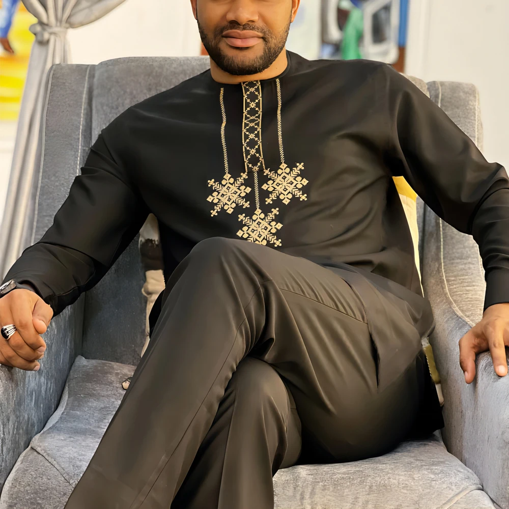 2024 New African Traditional Men\'s Set Round Neck Long Sleeve Black Luxury Two Piece Dashiki Wedding Party Festival Men\'s Suit