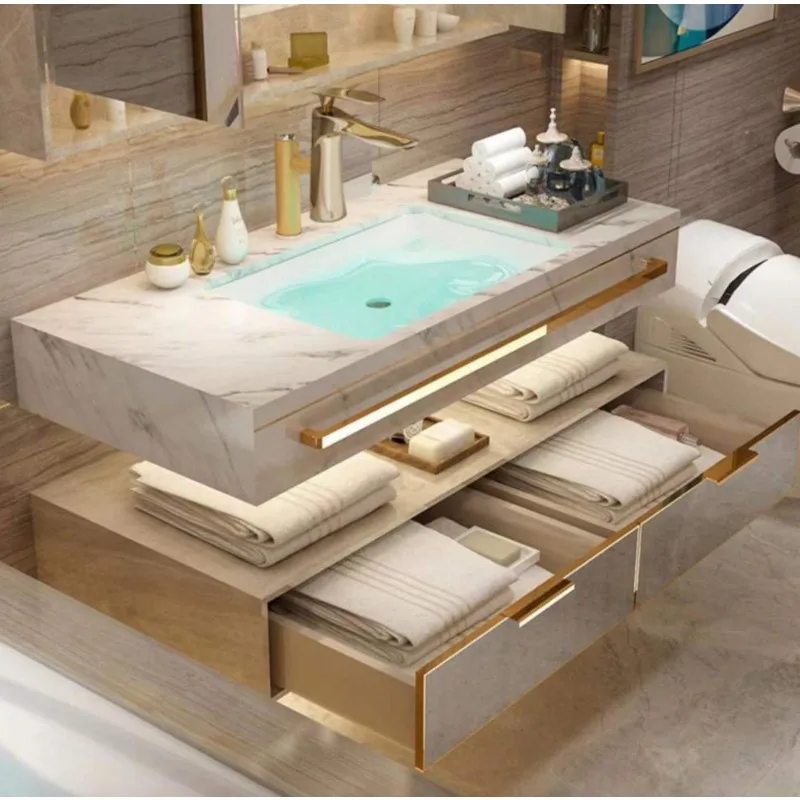 Modern Double-Sink Wall Mount Bathroom Vanity Set White Marble Floating Sintered Stone Wooden Storage Steel Wooden Wash Basin