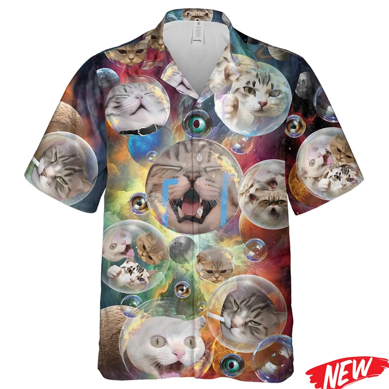 

Funny Cat Pattern Hawaiian Shirt Men Summer Beach Holiday Shirts 3d Printing Animal Aloha Shirt Tops Street Lapel Short Sleeve